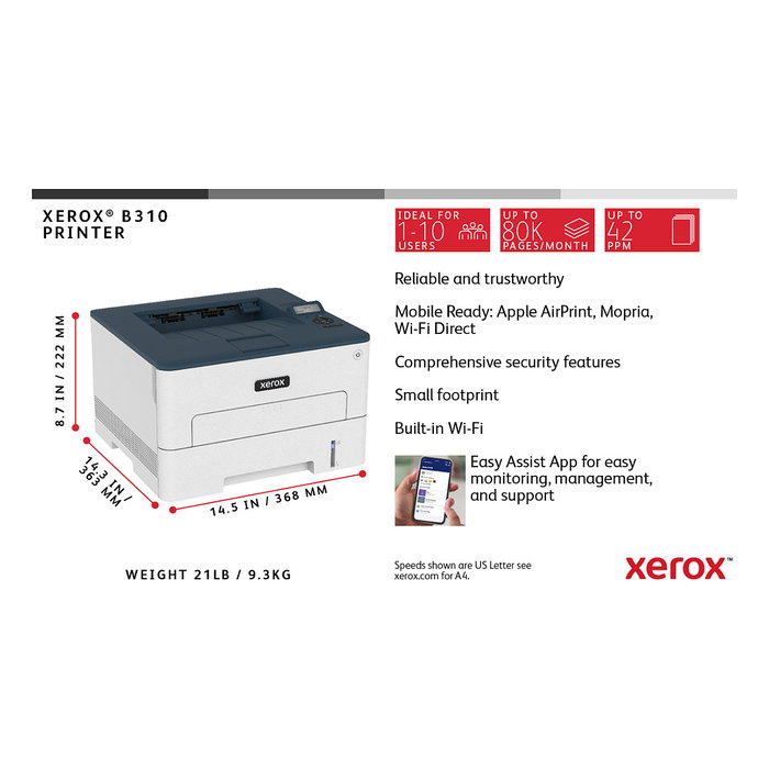 Xerox B310V_DNI Impresora Láser Monocromo A4 con Wi-Fi y Dúplex