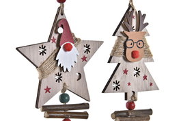 DKD Home Decor Decoración Colgante Navidad Tradicional MDF Rojo Natural Blanco Verde 2 x 32 x 7 cm (12 Unidades)