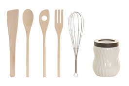 DKD Home Decor Pengjia 25 Set de 6 Utensilios Basicos Porcelana Bambu Blanco Marron Oscuro 9 x 9 x 26 cm