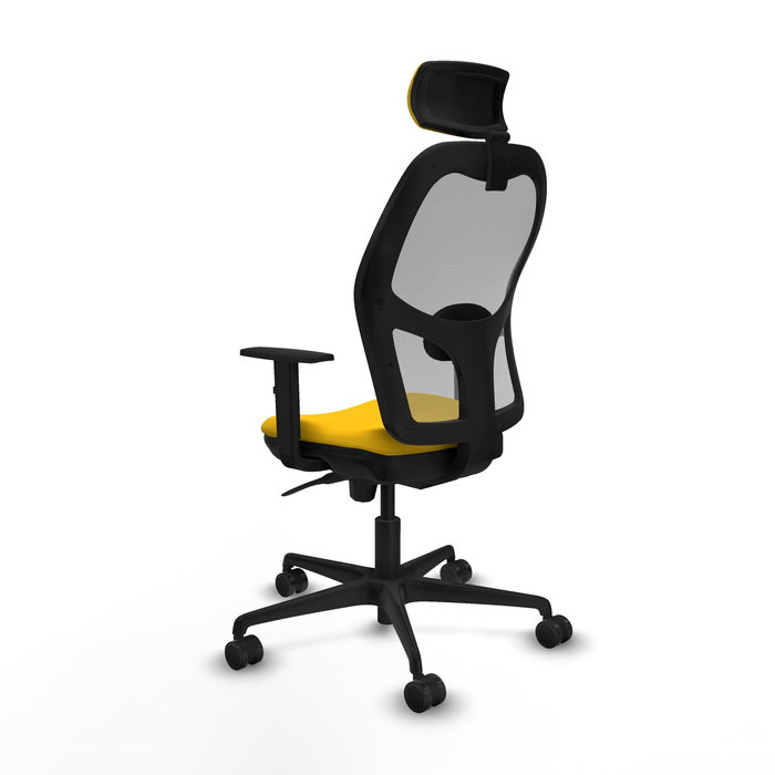 Silla de oficina Jorquera con mecanismo Sincro tapizada con Tela color Amarillo y malla color Gris. Equipada con lumbar 1D, Brazos 1D, Cabecero 2D y Ruedas 65mm nailon Silla de oficina Jorquera con mecanismo Sincro tapizada con Tela color Amarillo y malla color Gris. Equipada con lumbar 1D, Brazos 1D, Cabecero 2D y Ruedas 65mm nailon