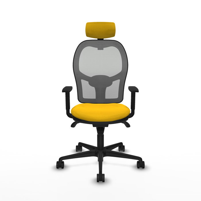 Silla de oficina Jorquera con mecanismo Sincro tapizada con Tela color Amarillo y malla color Gris. Equipada con lumbar 1D, Brazos 1D, Cabecero 2D y Ruedas 65mm nailon Silla de oficina Jorquera con mecanismo Sincro tapizada con Tela color Amarillo y malla color Gris. Equipada con lumbar 1D, Brazos 1D, Cabecero 2D y Ruedas 65mm nailon