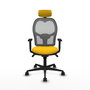 Silla de oficina Jorquera con mecanismo Sincro tapizada con Tela color Amarillo y malla color Gris. Equipada con lumbar 1D, Brazos 1D, Cabecero 2D y Ruedas 65mm nailon