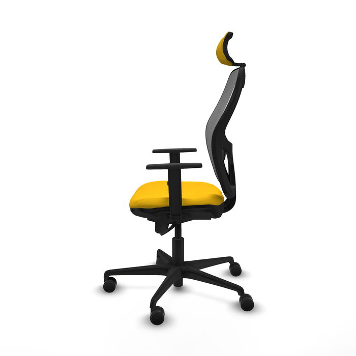 Silla de oficina Jorquera con mecanismo Sincro tapizada con Tela color Amarillo y malla color Gris. Equipada con lumbar 1D, Brazos 1D, Cabecero 2D y Ruedas 65mm nailon Silla de oficina Jorquera con mecanismo Sincro tapizada con Tela color Amarillo y malla color Gris. Equipada con lumbar 1D, Brazos 1D, Cabecero 2D y Ruedas 65mm nailon