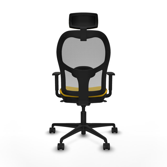 Silla de oficina Jorquera con mecanismo Sincro tapizada con Tela color Amarillo y malla color Gris. Equipada con lumbar 1D, Brazos 1D, Cabecero 2D y Ruedas 65mm nailon Silla de oficina Jorquera con mecanismo Sincro tapizada con Tela color Amarillo y malla color Gris. Equipada con lumbar 1D, Brazos 1D, Cabecero 2D y Ruedas 65mm nailon