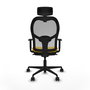 Silla de oficina Jorquera con mecanismo Sincro tapizada con Tela color Amarillo y malla color Gris. Equipada con lumbar 1D, Brazos 1D, Cabecero 2D y Ruedas 65mm nailon