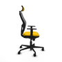 Silla de oficina Jorquera con mecanismo Sincro tapizada con Tela color Amarillo y malla color Gris. Equipada con lumbar 1D, Brazos 1D, Cabecero 2D y Ruedas 65mm nailon