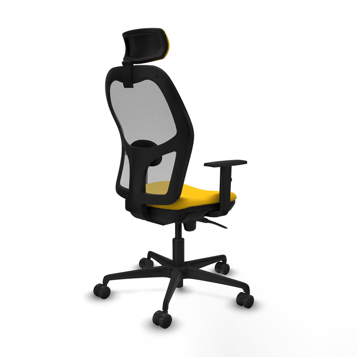 Silla de oficina Jorquera con mecanismo Sincro tapizada con Tela color Amarillo y malla color Gris. Equipada con lumbar 1D, Brazos 1D, Cabecero 2D y Ruedas 65mm nailon Silla de oficina Jorquera con mecanismo Sincro tapizada con Tela color Amarillo y malla color Gris. Equipada con lumbar 1D, Brazos 1D, Cabecero 2D y Ruedas 65mm nailon