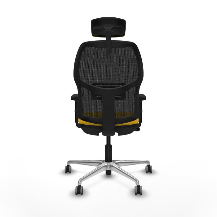 PIQUERAS Y CRESPO Alfera Silla de oficina con malla negra, asiento amarillo y base de aluminio