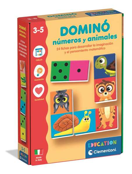 Clementoni Juego de Dominó de Números y Animales, 24 Fichas, Multilingüe (ES/EN/FR/DE/IT/PT/NL), +3 Años