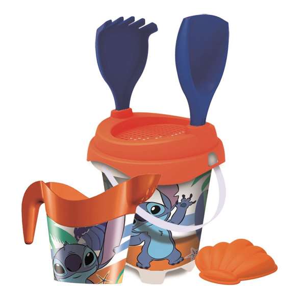 Disney Cubo Playa Castillo Stitch con Cedazo, Pala, Rastrillo, Regadera y Moldes. 18 cm Disney Cubo Playa Castillo Stitch con Cedazo, Pala, Rastrillo, Regadera y Moldes. 18 cm