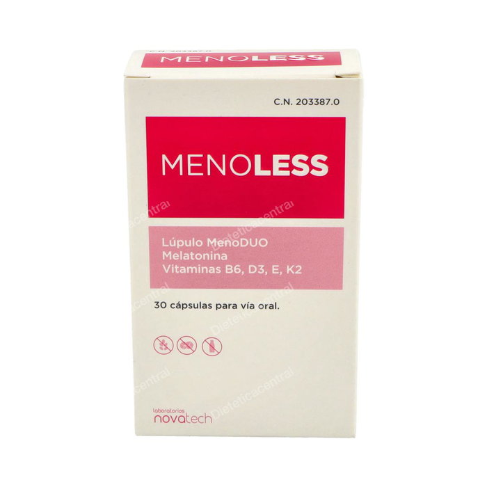 Novatech Menoless 30Cap - Suplemento para la Menopausia con Melatonina, Vitaminas B6, D3, K2 y E - Apto para Veganos Novatech Menoless 30Cap - Suplemento para la Menopausia con Melatonina, Vitaminas B6, D3, K2 y E - Apto para Veganos