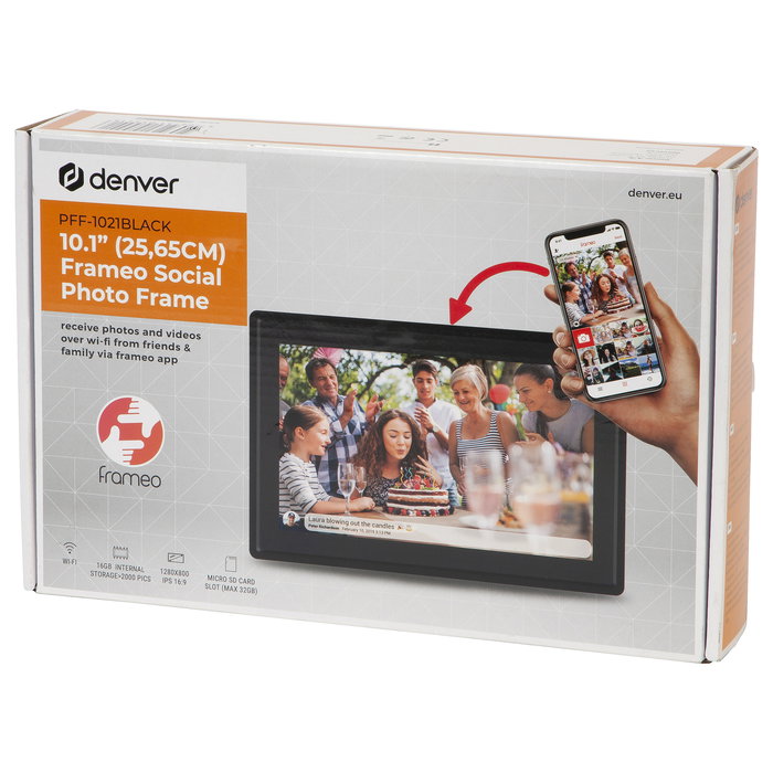 Denver PFF-1021 Frameo - Marco Digital Digital Fotos 10.1" (25.6cm) IPS 1280x800, Pantalla Táctil, Memoria 16GB, WiFi, Color Negro