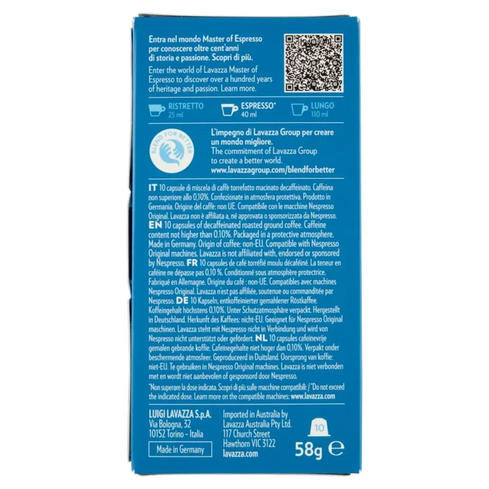 Lavazza Dek Cápsulas de Café Espresso Decaffeinato Tueste Medio para Cafeteras Nespresso - Caja de 10 unidades