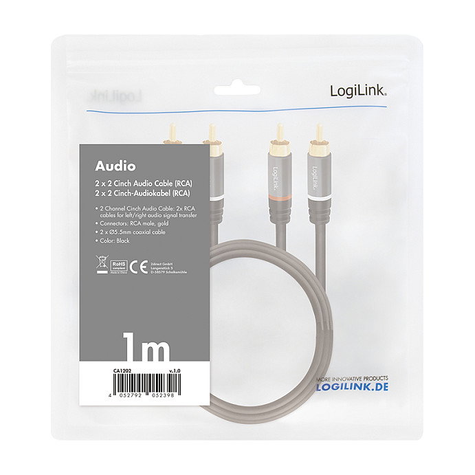 LogiLink Cable de audio 2x RCA/M a 2x RCA/M, metal, negro, 1 m