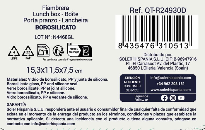 Inde Fiambrera Rectangular Hermética 470 cc 15.3 x 11.5 x 7.5 cm (12 Unidades)