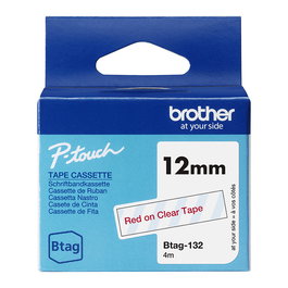Brother BTAG-132 Cinta de Etiquetas, 12mm, Rojo sobre Transparente, 4 Metros, Compatible con P-touch PT-N10, PT-N20, PT-N25BT