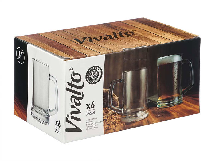 Vivalto Jarra de Cerveza 380 ml con Asa, Vidrio Transparente, Medidas 11.5x13.5x8.3 cm (Set de 24) Vivalto Jarra de Cerveza 380 ml con Asa, Vidrio Transparente, Medidas 11.5x13.5x8.3 cm (Set de 24)