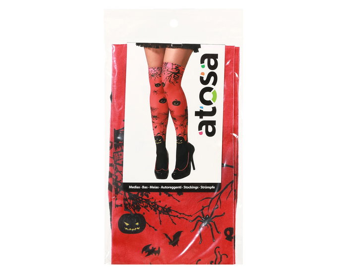 Medias Halloween Rojas con Calabazas y Arboles Negros, Accesorio para Disfraz de Demonio o Bruja, Novedad 2025