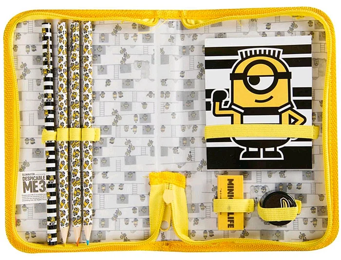 Sambro Bolso Portatodo Minions con Libreta, Goma, Sacapuntas y Lápices de Colores