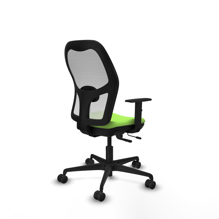 Silla de oficina Jorquera con mecanismo Sincro/Traslack tapizada con Tela color Pistacho y malla color Blanco. Equipada con lumbar 1D, Brazos 1D y Ruedas 65mm nailon