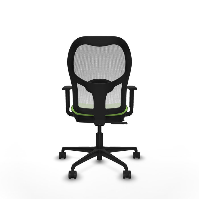 Silla de oficina Jorquera con mecanismo Sincro/Traslack tapizada con Tela color Pistacho y malla color Blanco. Equipada con lumbar 1D, Brazos 1D y Ruedas 65mm nailon