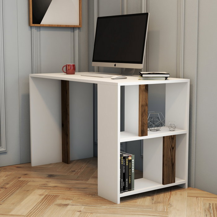 Hanah Home Lima - White, Walnut Mesa de Estudio Moderna, Color Blanco y Nogal, Mueble para Oficina o Estudiante
