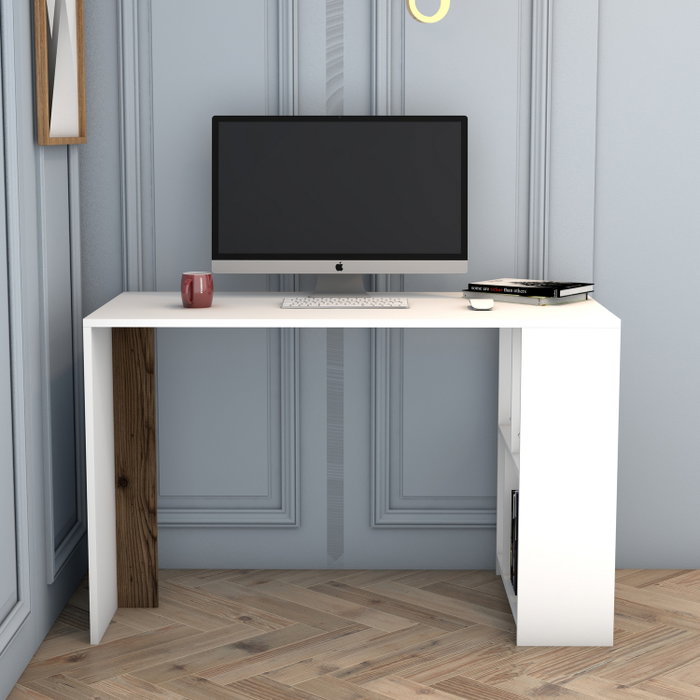 Hanah Home Lima - White, Walnut Mesa de Estudio Moderna, Color Blanco y Nogal, Mueble para Oficina o Estudiante