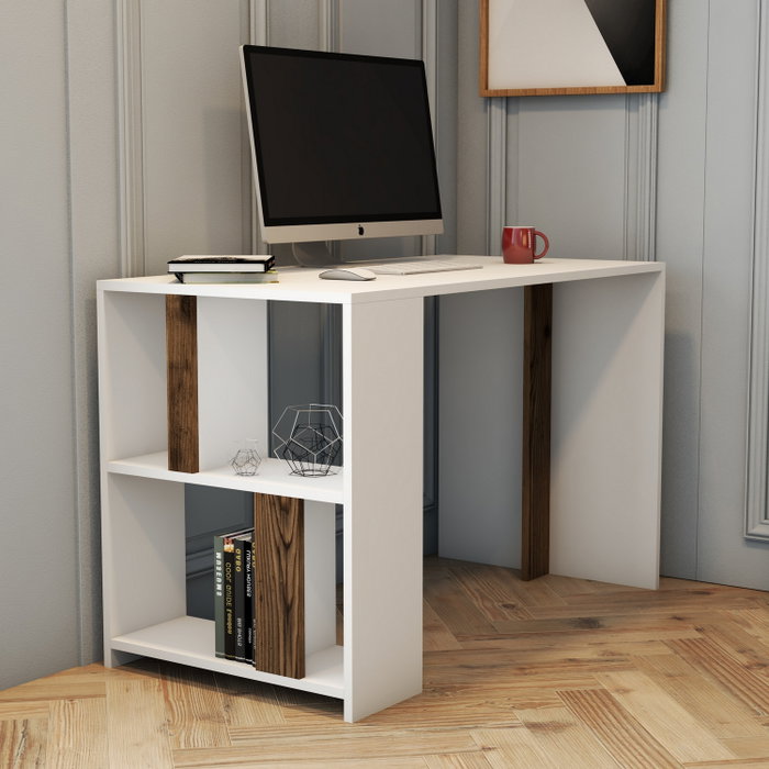 Hanah Home Lima - White, Walnut Mesa de Estudio Moderna, Color Blanco y Nogal, Mueble para Oficina o Estudiante