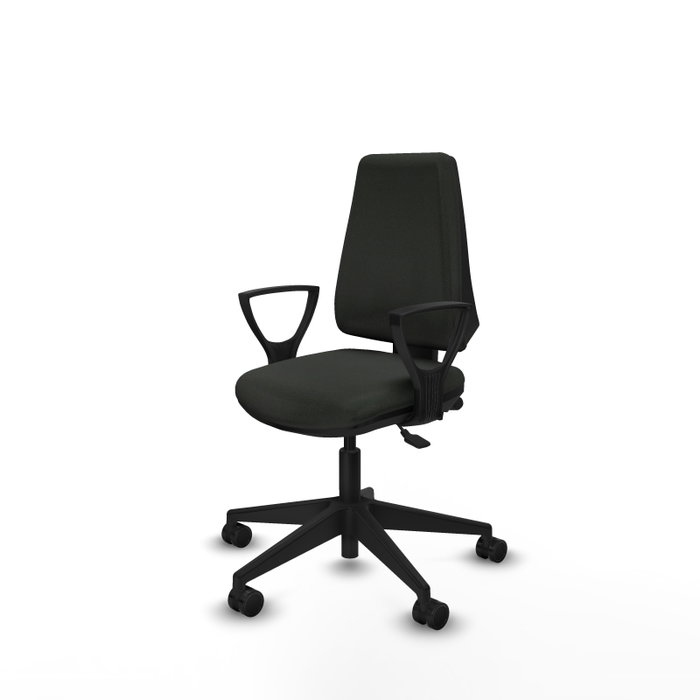 Silla de oficina Elche con mecanismo Asincro tapizada con Tela color Negro. Equipada con Base piramidal negra, Brazos fijos y Ruedas 65mm nailon Silla de oficina Elche con mecanismo Asincro tapizada con Tela color Negro. Equipada con Base piramidal negra, Brazos fijos y Ruedas 65mm nailon