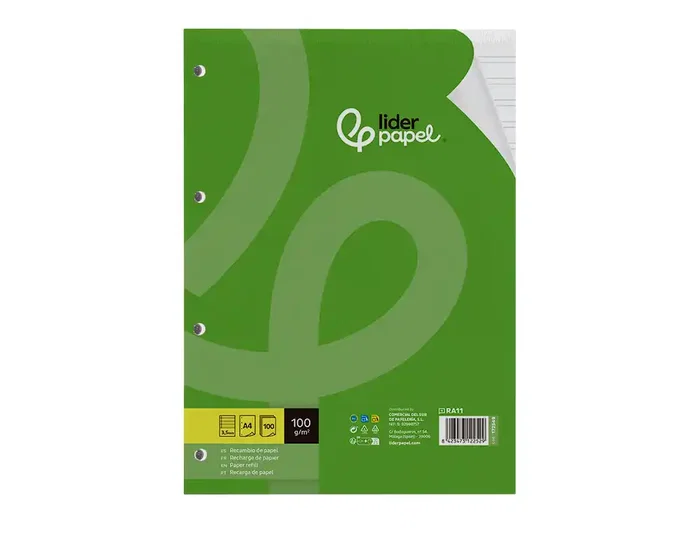 Liderpapel Recambio A4 100 hojas 100g pauta 3,5mm con margen y 4 taladros