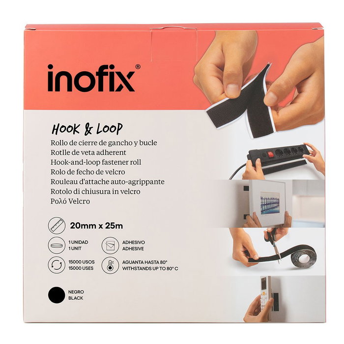 Inofix Rollo adhesivo de cierre de gancho y bucle, 20 mm x 25 m, negro Inofix Rollo adhesivo de cierre de gancho y bucle, 20 mm x 25 m, negro