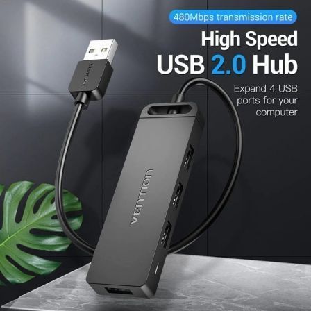 Vention CHMBD Hub USB 2.0 de 4 Puertos Carga Completa 480Mbps Compatible con Carga de Smartphones
