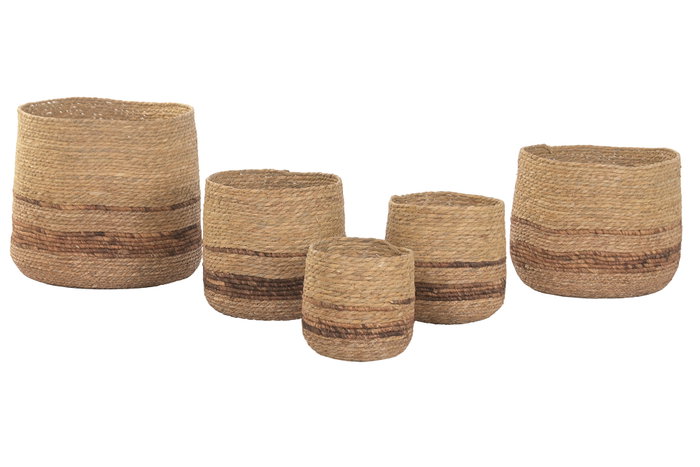 DKD Home Decor Set de 5 Maceteros de Fibra con Rayas, Marrón Natural