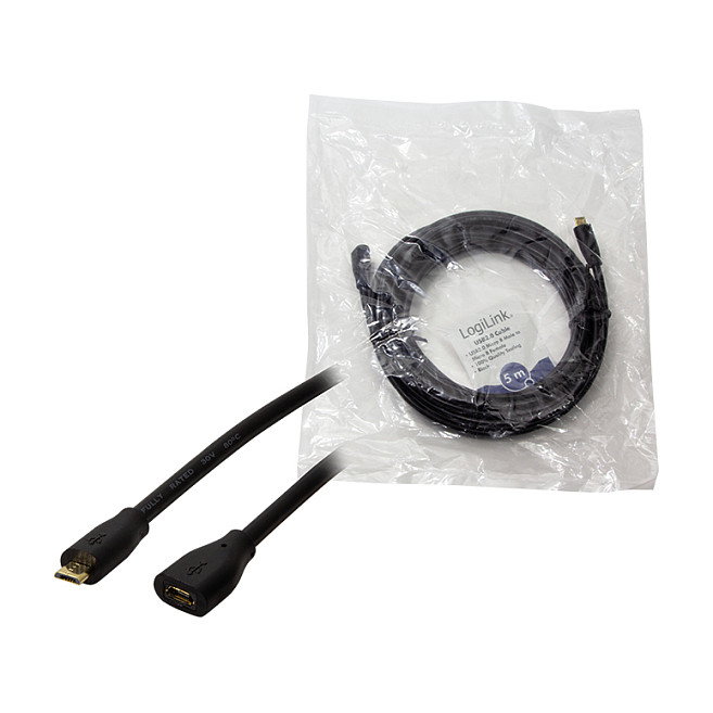 LogiLink Cable USB 2.0 Micro-USB macho a Micro-USB hembra, 5 m, negro