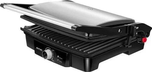 MPM MGR-09M Plancha de Contacto Eléctrica Grill 2000W, Acero Inoxidable Negro, Superficie Antiadherente 290x230 mm, hasta 270°C