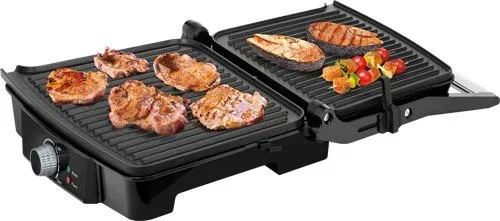 MPM MGR-09M Plancha de Contacto Eléctrica Grill 2000W, Acero Inoxidable Negro, Superficie Antiadherente 290x230 mm, hasta 270°C