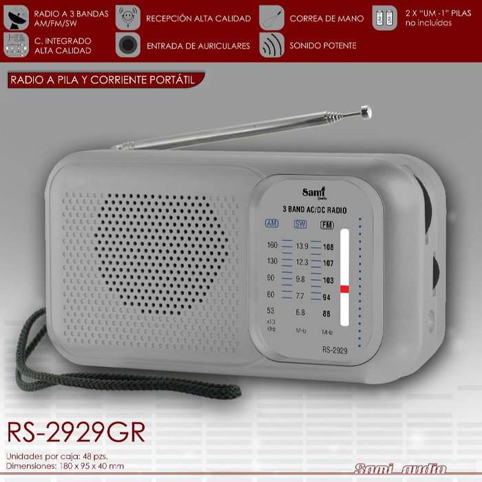 SAMI Radio AC/DC Portátil, 3 Bandas (FM/AM/LW), Color Gris Metalizado, con Correa y Funciona con Pilas y Corriente