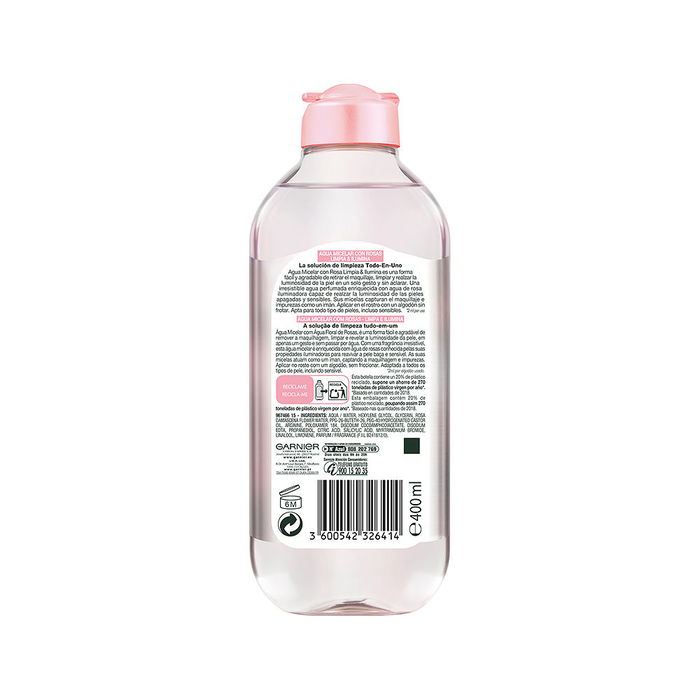 Garnier Agua Micelar con Rosas para Piel Apagada y Sensible, Limpiador Facial Suave, 400 ml
