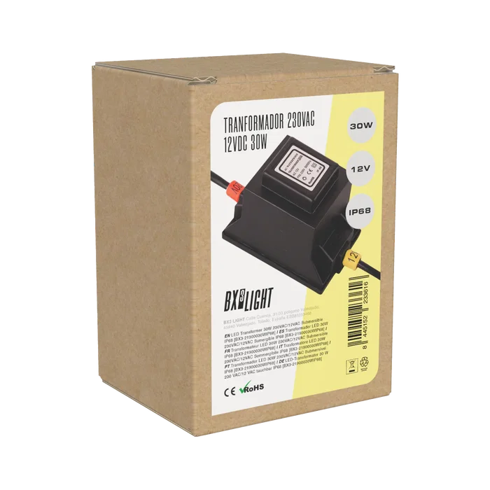 BX3 Light Transformador LED Sumergible 30W IP68 230VAC/12VAC para Iluminación Exterior, Piscinas y Fuentes [BX3-21900030WIP68]