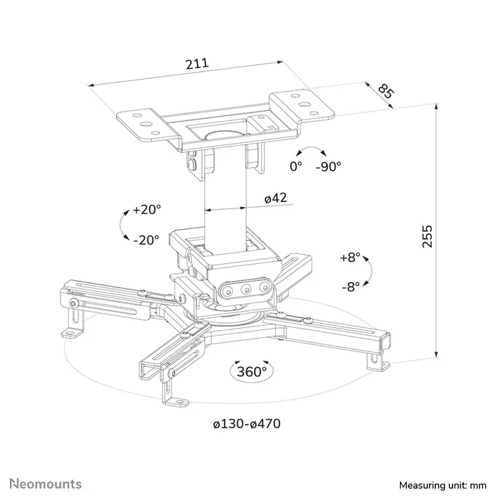 Neomounts CL25-530WH1 Soporte de Techo para Proyector Universal, 45 kg de Capacidad, Ajustable (Inclinación, Rotación 360°, Giro), Gestión de Cables, Color Blanco