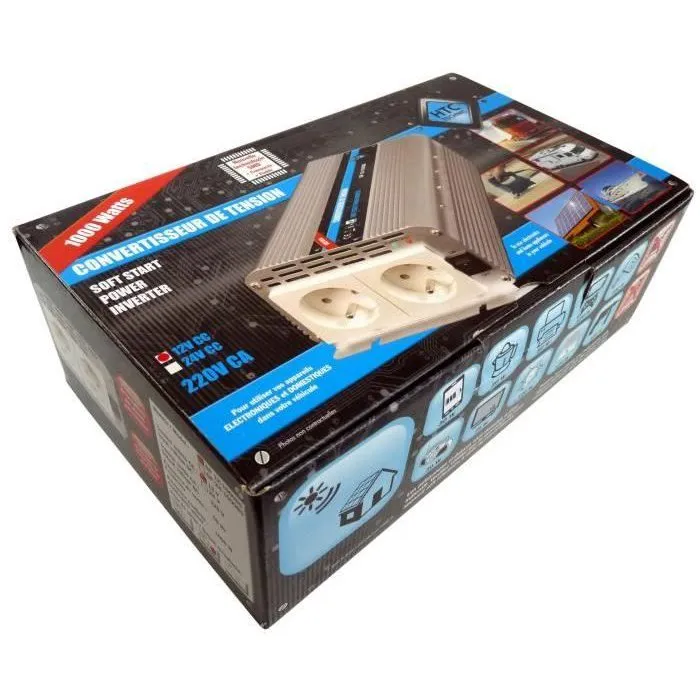 Htc Equipement Convertidor de Voltaje 12/220 V 1000 W con 2 Salidas de CA Htc Equipement Convertidor de Voltaje 12/220 V 1000 W con 2 Salidas de CA