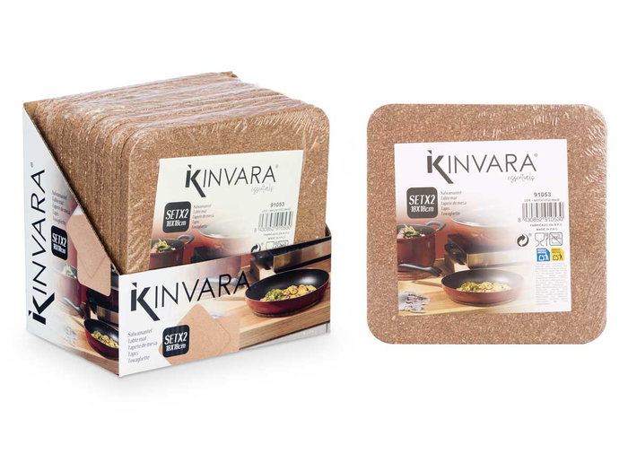 Kinvara Set 2 Salvamanteles Cuadrado Corcho Natural 18x18 cm (Set de 12)