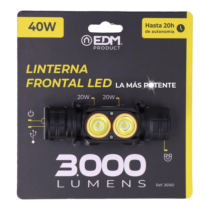 EDM Thunder Track Linterna Frontal LED Recargable 3000 Lúmenes, 5 Modos Luz, IP44, Batería 2600 mAh Tipo-C, con Imán y Cabeza