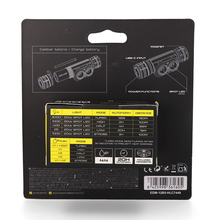 EDM Linterna Frontal LED Recargable 3000 Lúmenes, 5 Modos Luz, USB-C, IP44, Batería 2600 mAh, Hasta 20h Autonomía, con Imán