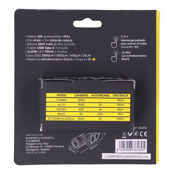 EDM Thunder Track Linterna Frontal LED Recargable 3000 Lúmenes, 5 Modos Luz, IP44, Batería 2600 mAh Tipo-C, con Imán y Cabeza