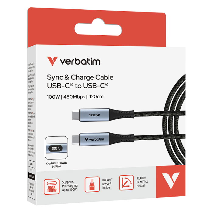 Verbatim Cable USB-C a USB-C 100W con Pantalla LED 1,2 m
