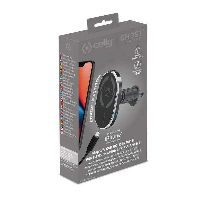 Celly GHOSTSUPERMAGCH - Soporte Magnético para Coche con Carga Inalámbrica Rápida, Compatible con iPhone, Sujeción a Rejilla de Ventilación, Negro