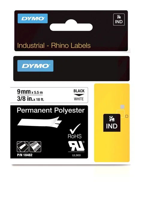 Dymo - Cinta De Etiquetas Industrial ID1-9 para Rotuladora Rhino, Negro sobre Blanco, 9 mm x 5.45 m, Poliéster Dymo - Cinta De Etiquetas Industrial ID1-9 para Rotuladora Rhino, Negro sobre Blanco, 9 mm x 5.45 m, Poliéster