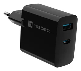 Natec NUC-2143 Cargador Rápido GaN 45W con Power Delivery 3.0 y Quick Charge 3.0 - 2 Puertos (1x USB-C + 1x USB-A) para Móvil, Negro