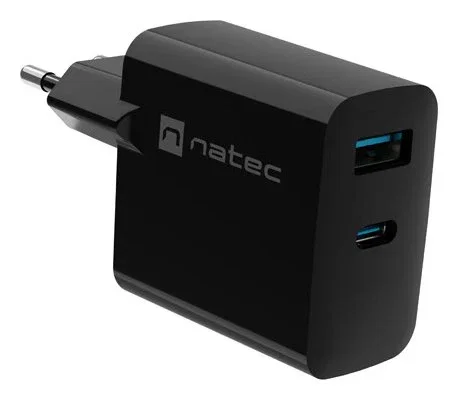Natec NUC-2143 Cargador Rápido GaN 45W con Power Delivery 3.0 y Quick Charge 3.0 - 2 Puertos (1x USB-C + 1x USB-A) para Móvil, Negro